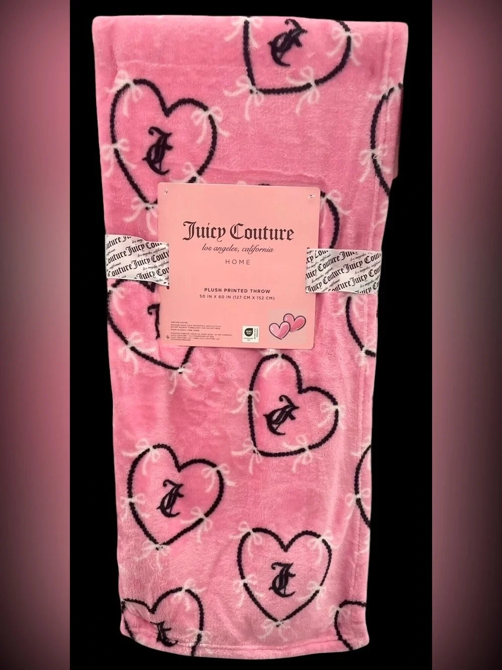 Juicy Couture Plush Throw Pink Black White Hearts Bowknots Love 50 x 60 NEW NWT